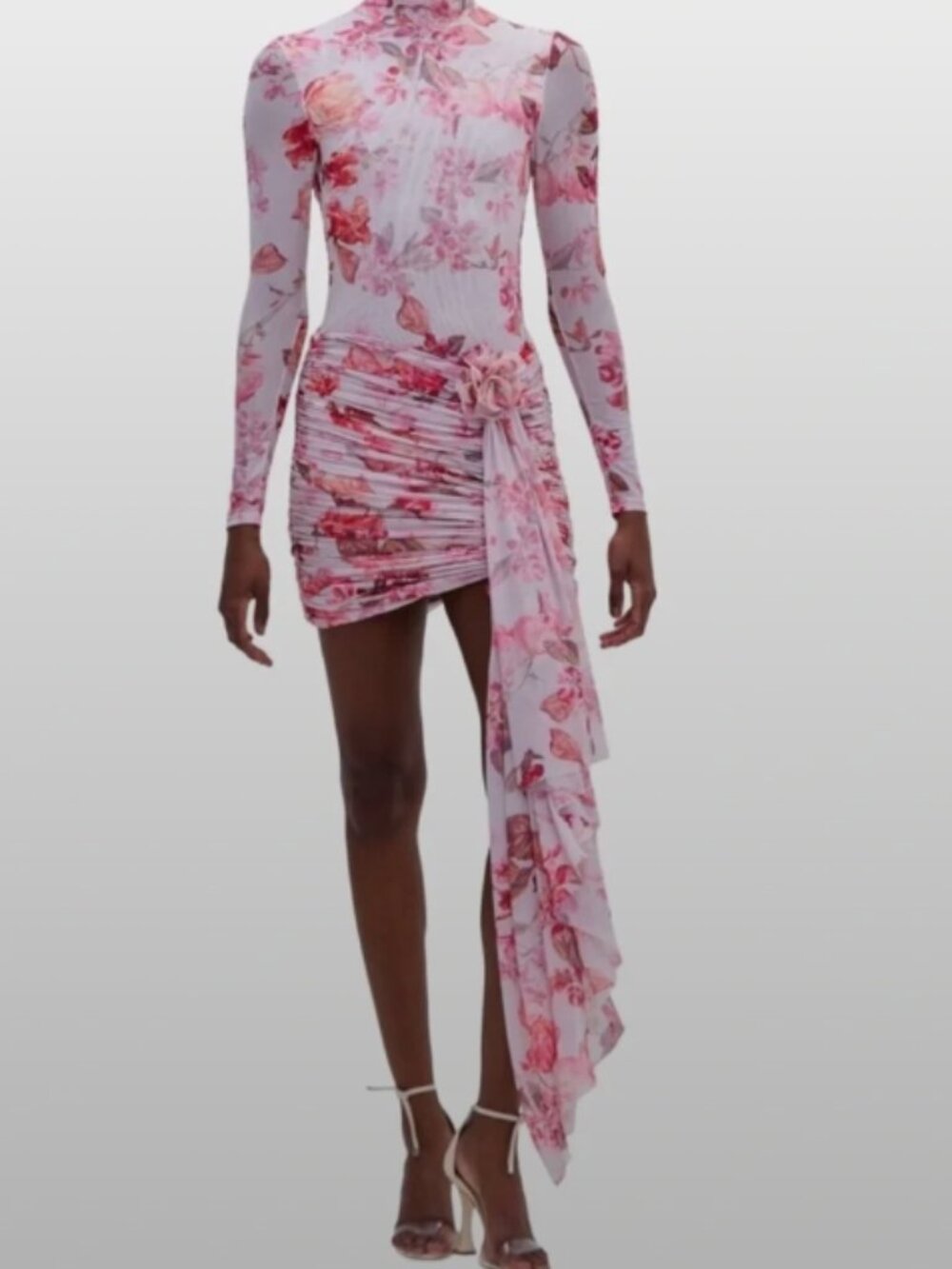 PatBo Floral Pink Ruched Asymmetric Long-Sleeve Dress